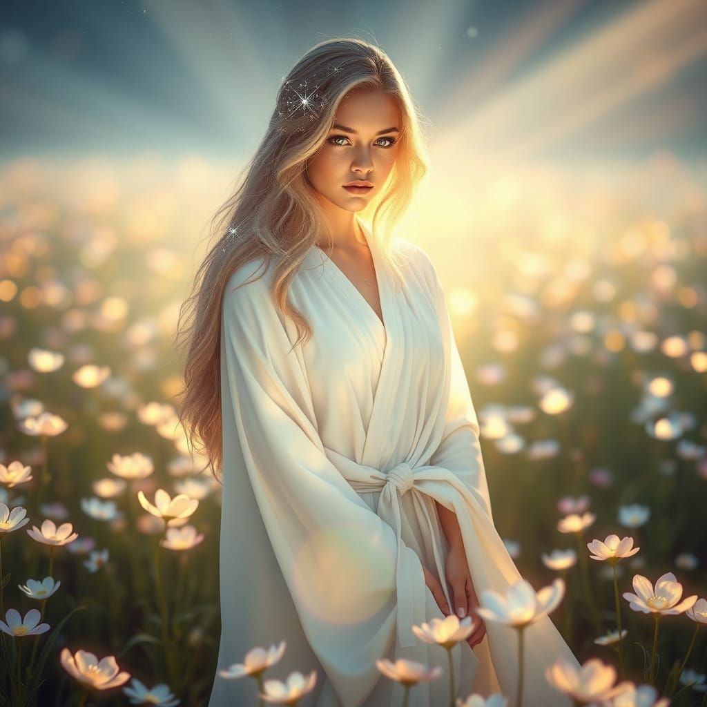 Woman in Luminous Flower Field, Dreamy 3D Art