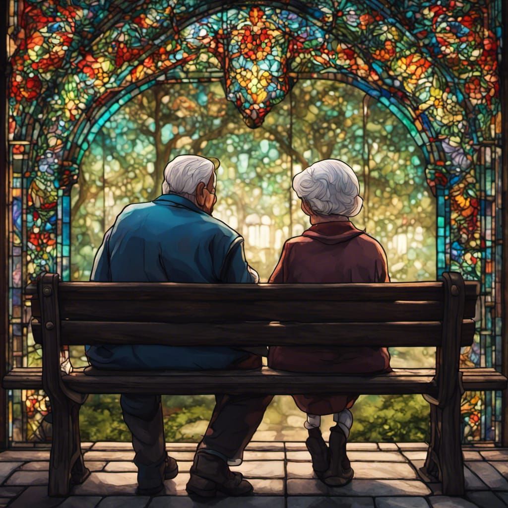 Stained Glass Art of Couple on Park Bench