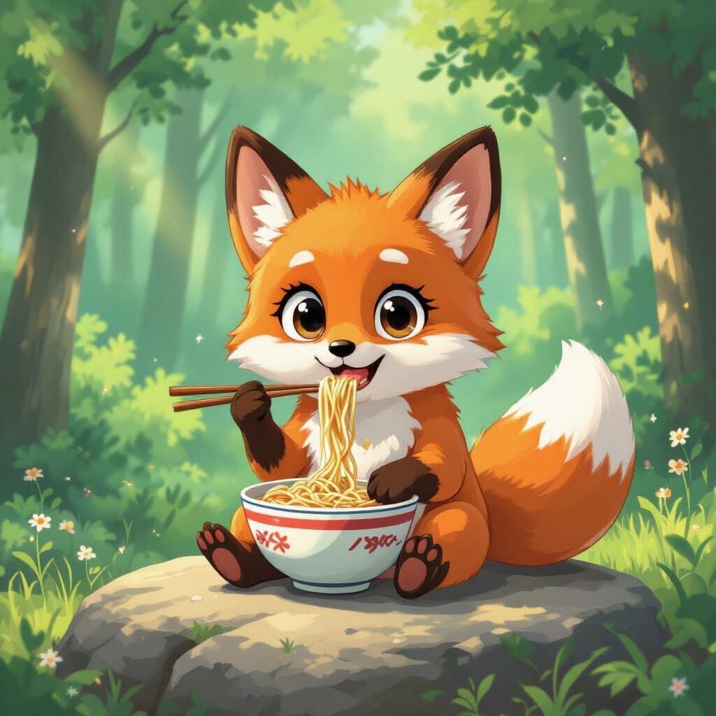 Fox Eating Noodles in Ghibli-Inspired Forest