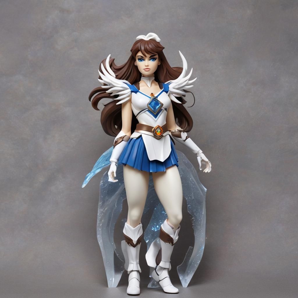 Young woman Figurine with long brown hair with blue eyes with bangs as the white crystal Tiger Power Ranger with a a sma...