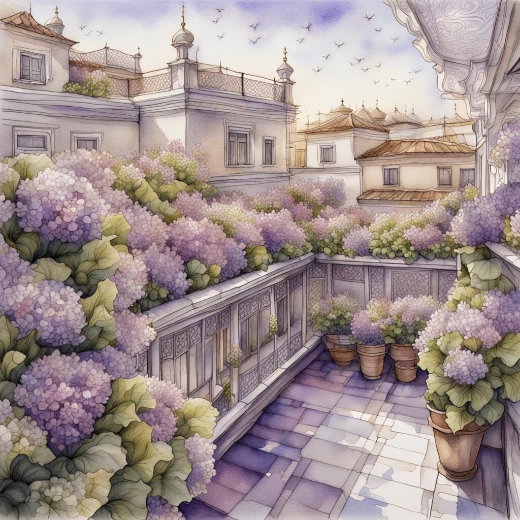 Detailed Roof Terrace in Watercolor and Ink