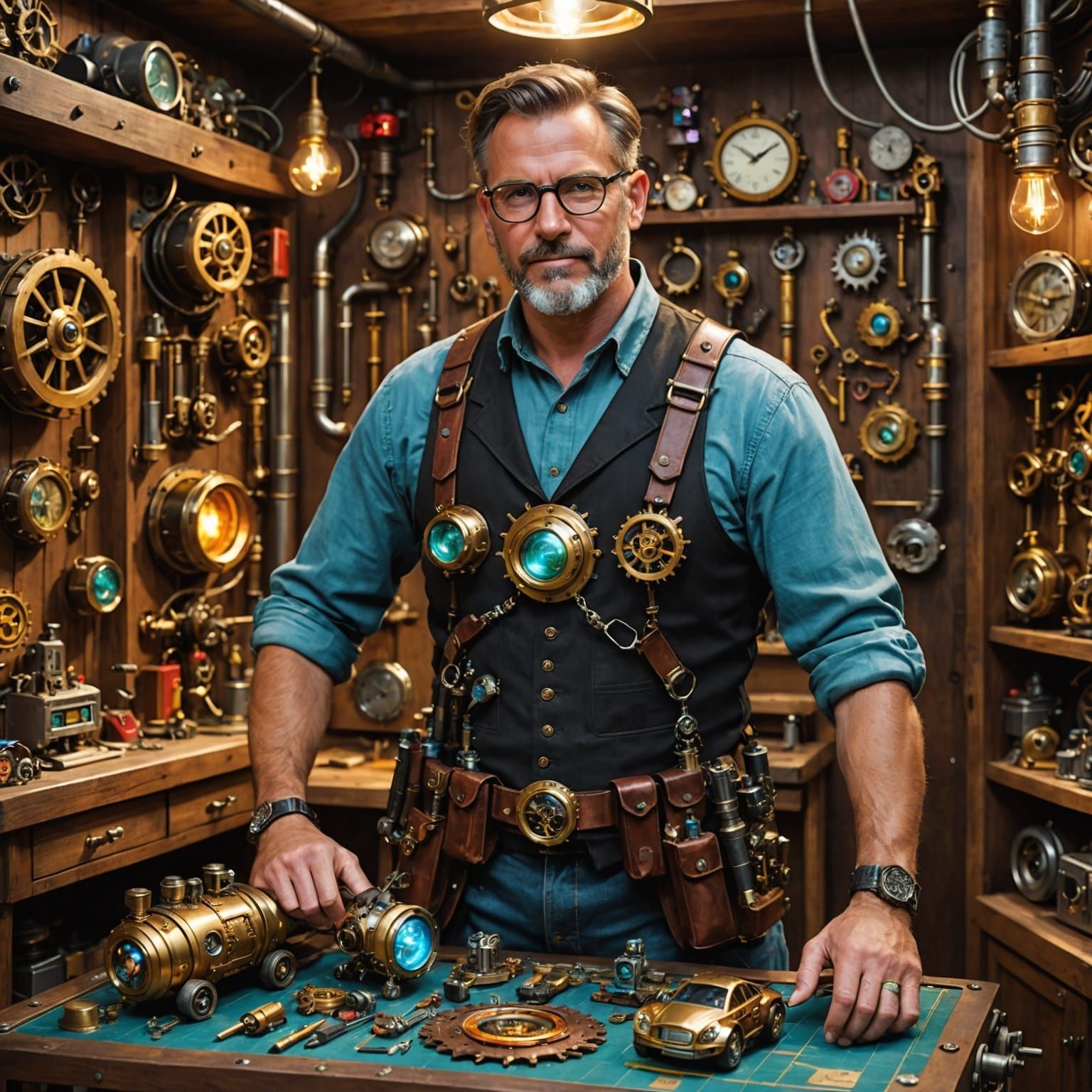 Steampunk Dad Fixing Robot in Solarpunk Garage