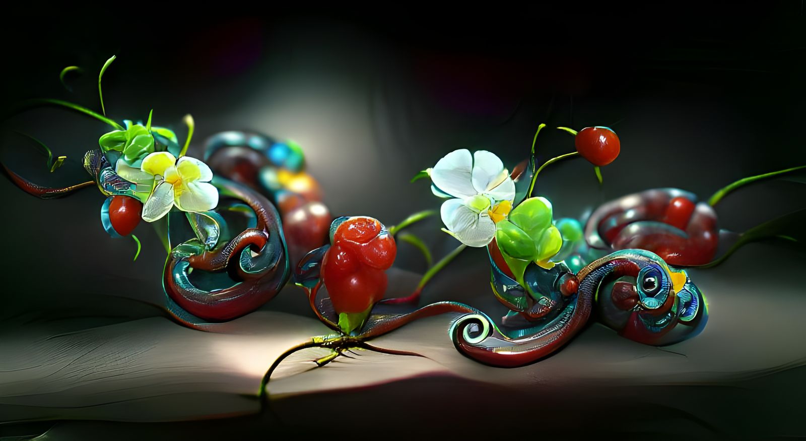 Flowers, Snake and Cherries in Cel-Shaded Style