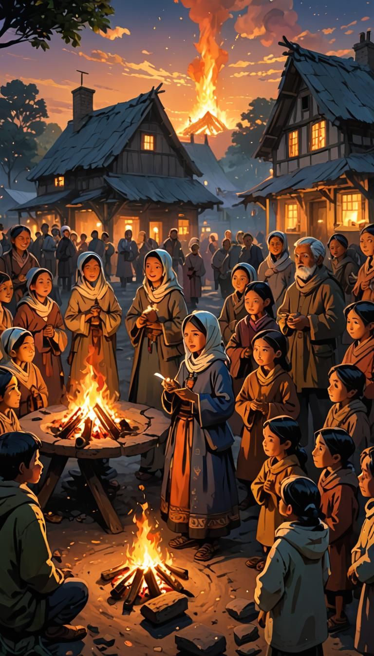 Villagers Gather Around Bonfire as Dawn Arrives