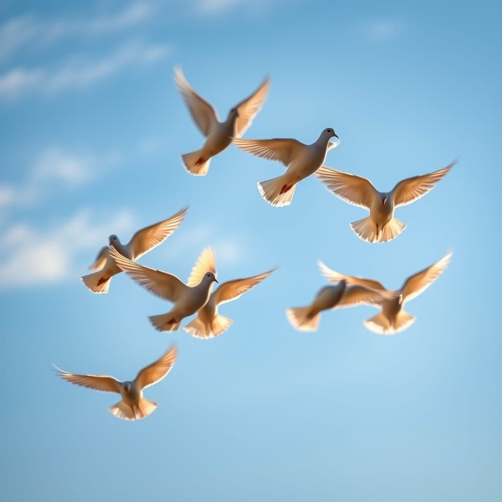 Majestic Doves in Flight, Silhouetted Against a Brilliant Bl...