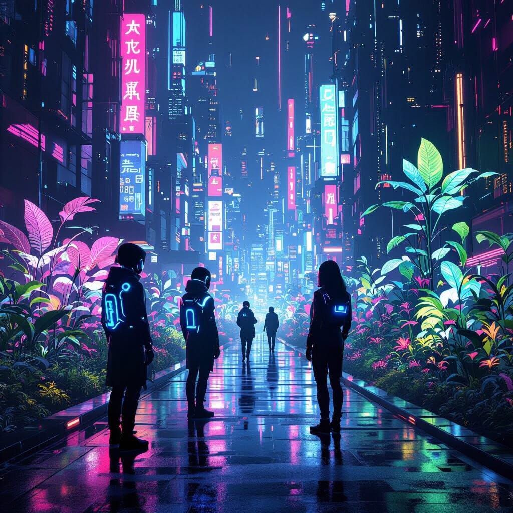 Futuristic Neon City Connects Humans and Plants