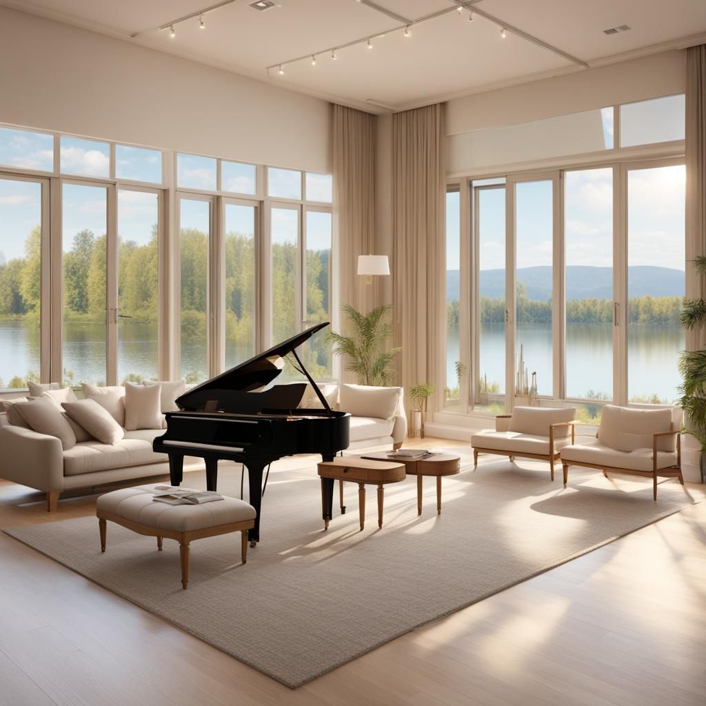 Sunlit Music Room with Lake View in 8K