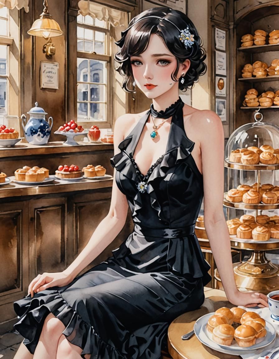 1930s Lady at Bakery in Watercolour Style