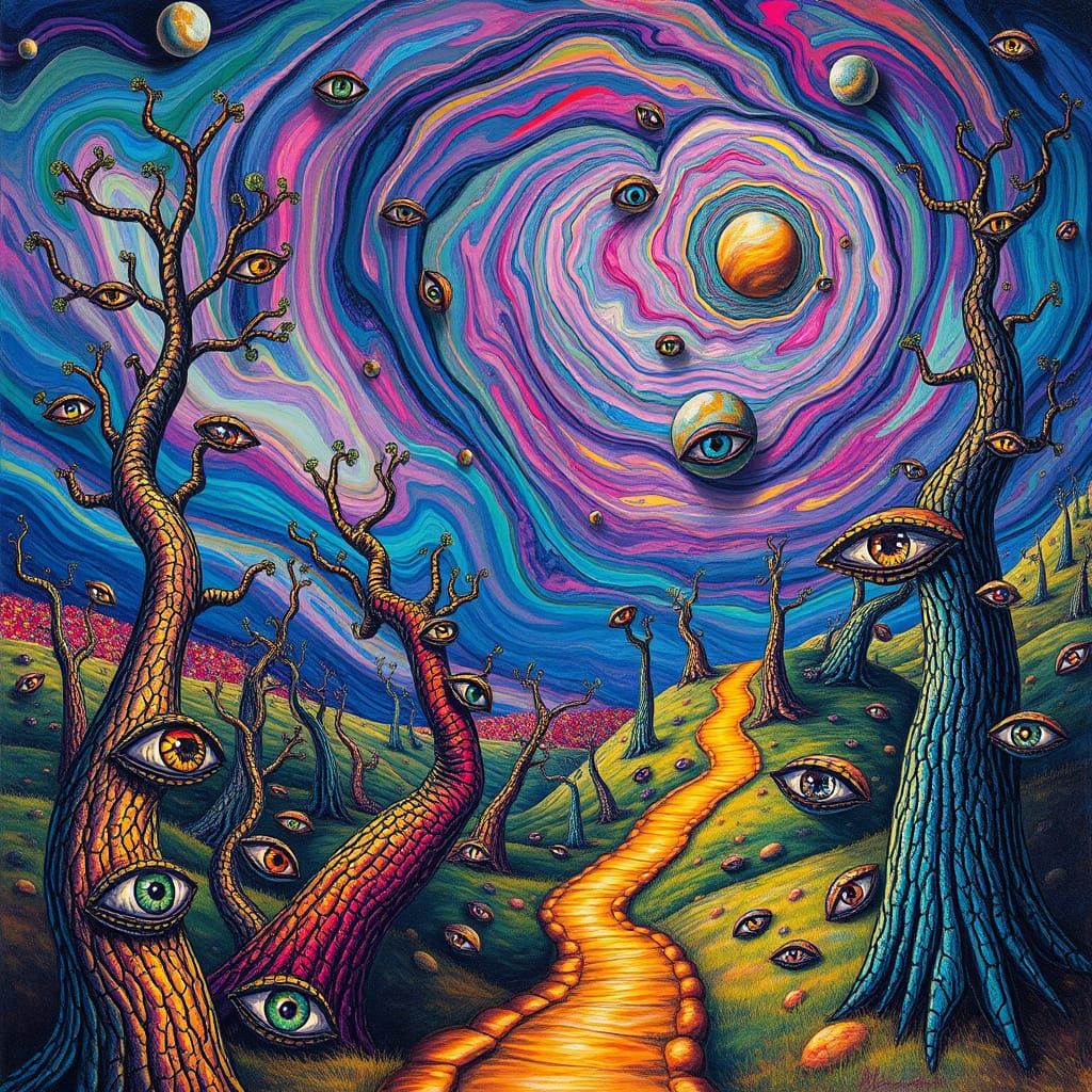 Vibrant Fantasy Landscape with Twisted Trees and Swirling Co...