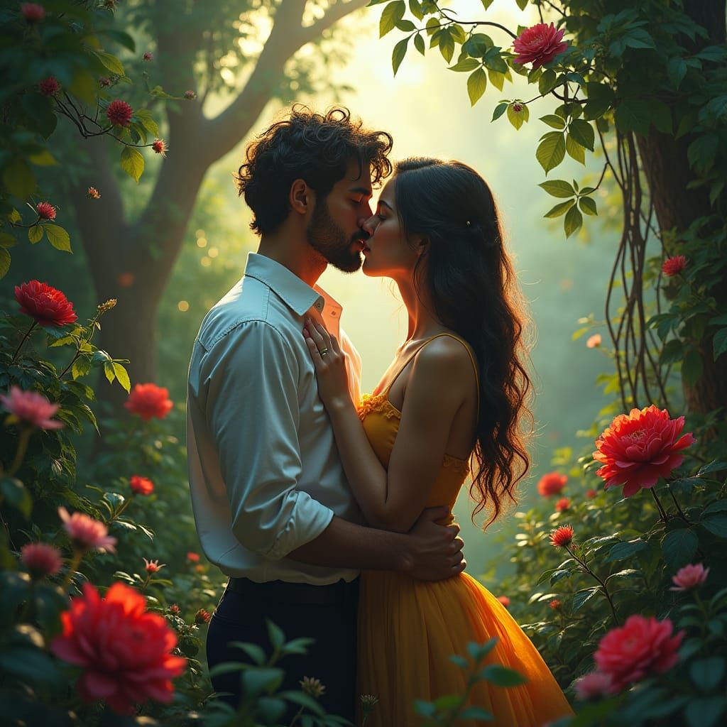 Passionate Kiss in Enchanted Forest: Romantic Era Painting