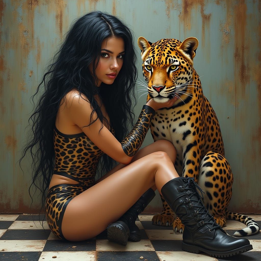 Cyberpunk Goddess with Leopard Pet, in Hyper-Realistic Style