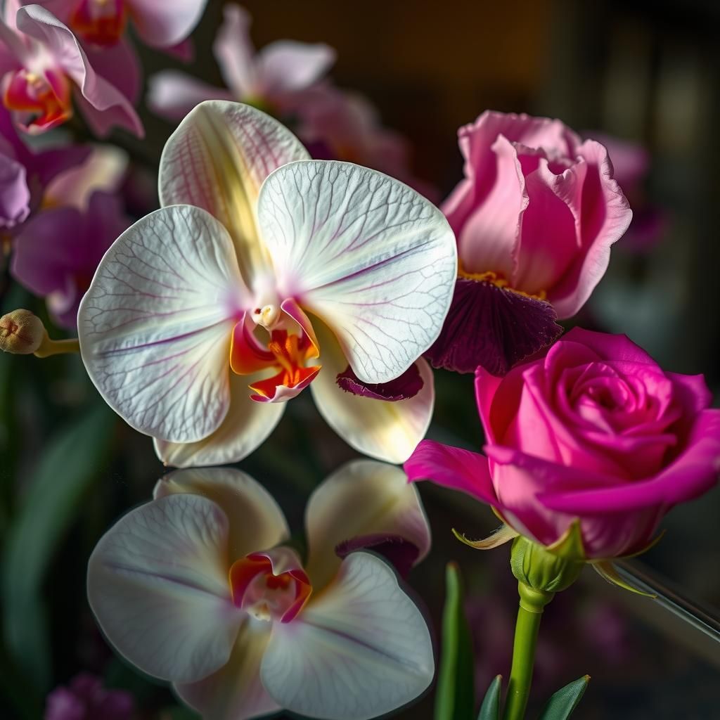 Floral Ikebana Arrangement with Soft Reflections