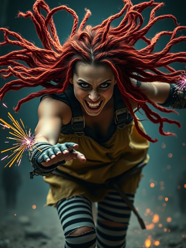 Fierce Warrior Woman Unleashes Grin in Cinematic Action Shot