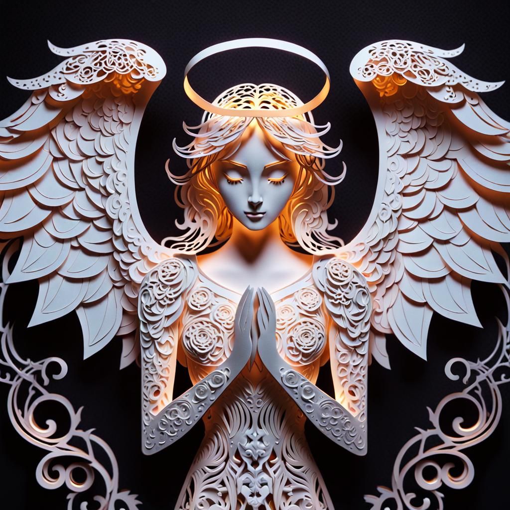 Colorful Kirigami Angels Embrace in Papercraft Art