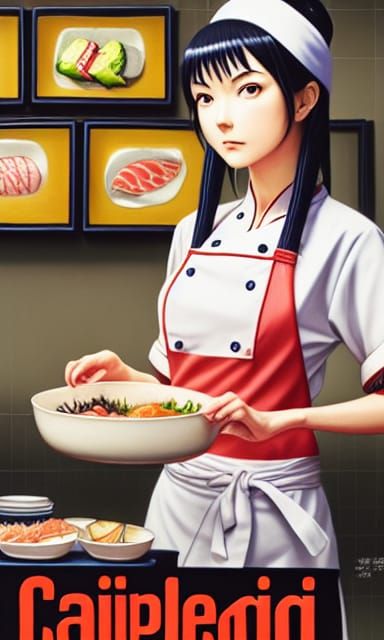 Detailed Sushi Chef in Anime Style Kitchen