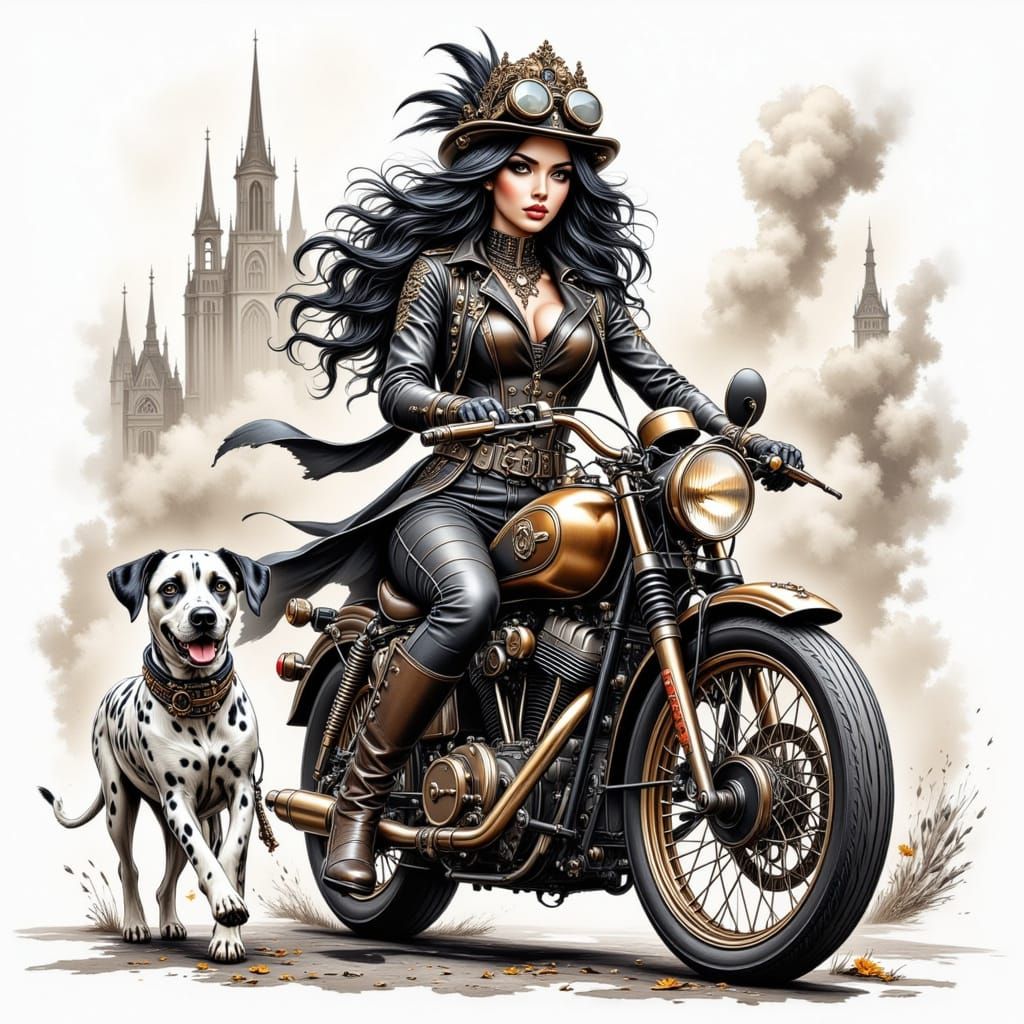 Steampunk Girl on Motorcycle with Dalmatian in Watercolor St...