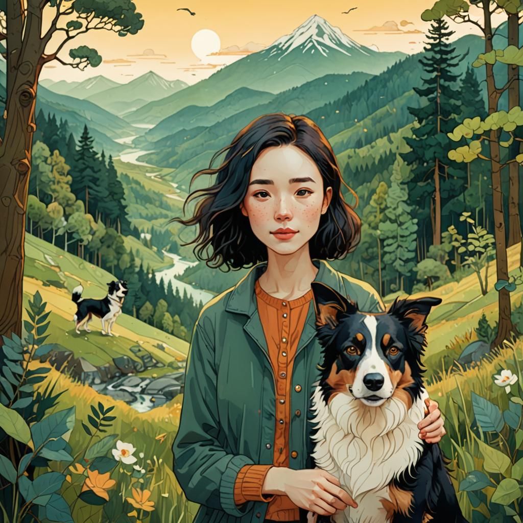 Woman and Border Collie in Forest, Illustrative Digital Art