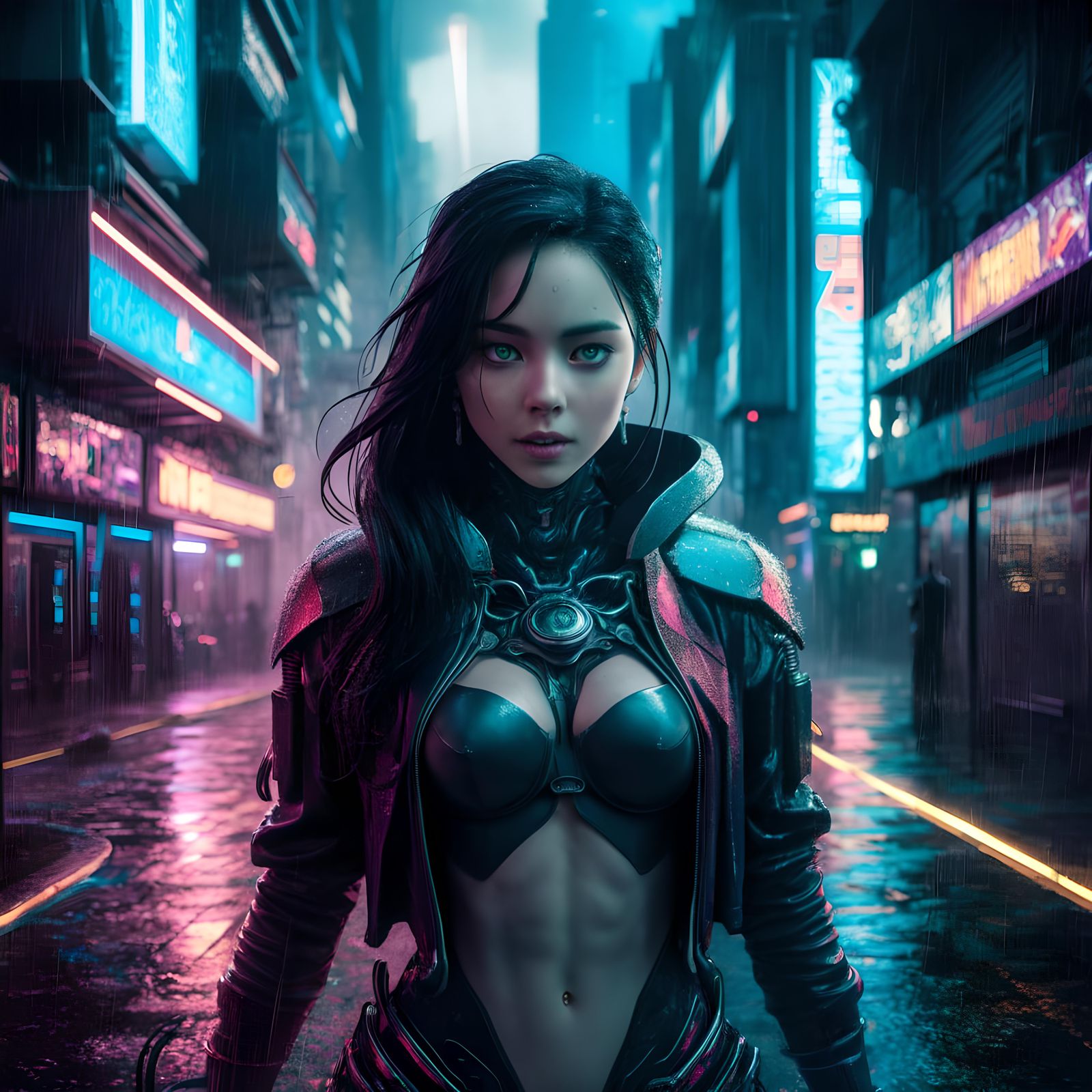 Cyberpunk Female Protagonist in Rainy Cityscape