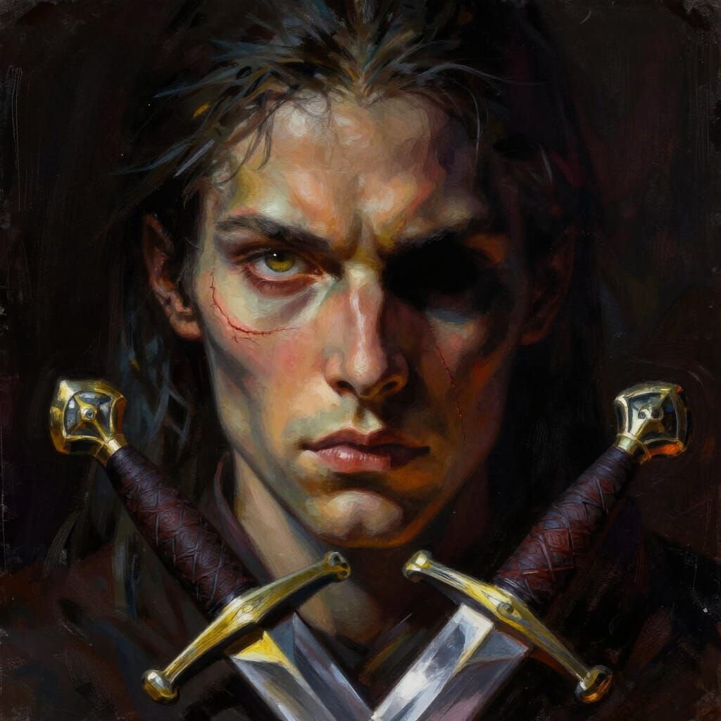 Dark Fantasy Portrait: Scarred Face, Crossed Swords, Chiaros...