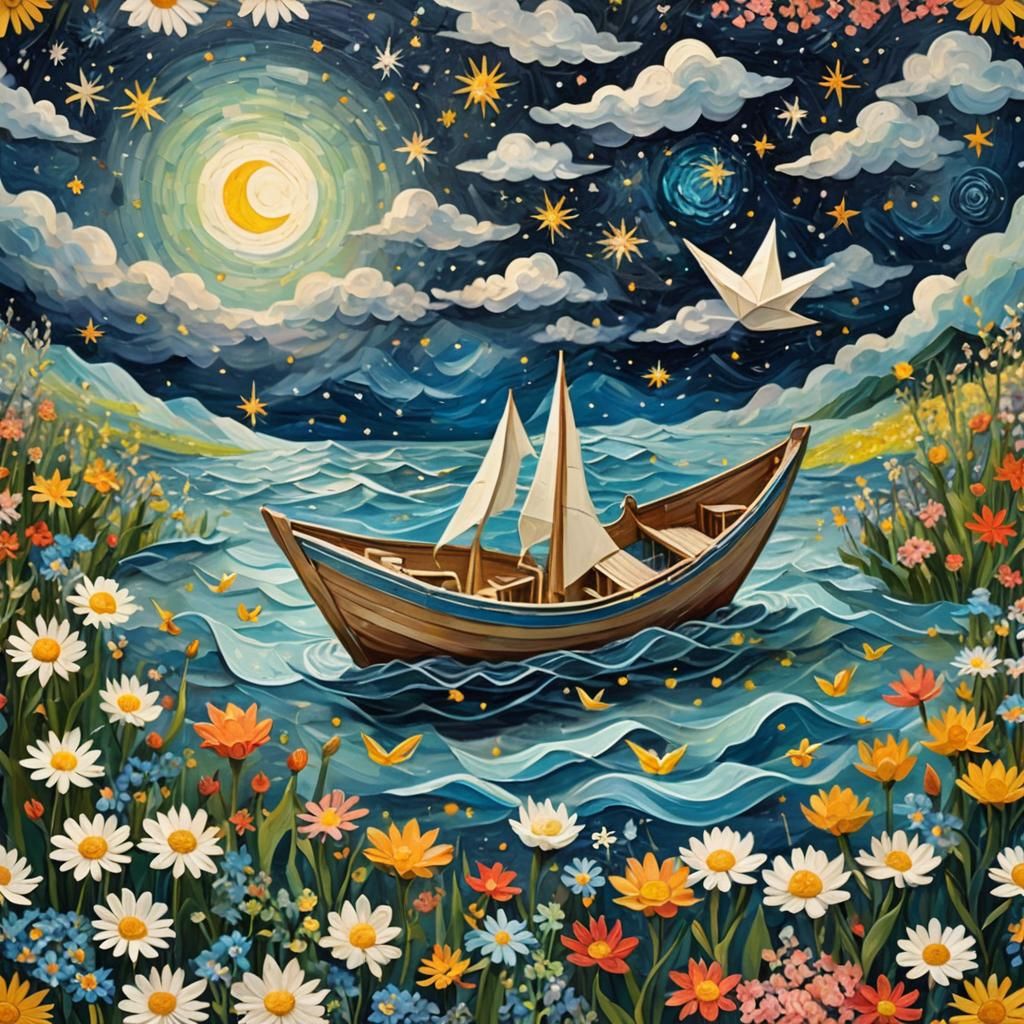 Paper Boat Floats on Starry Sea: Van Gogh Impasto