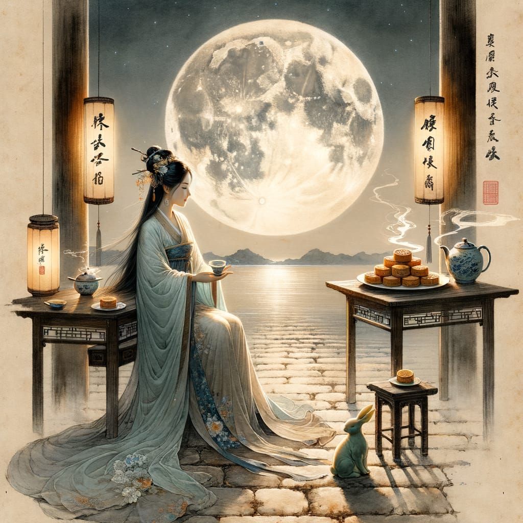 A Tang Dynasty-style painted scroll depicting a tranquil moo...