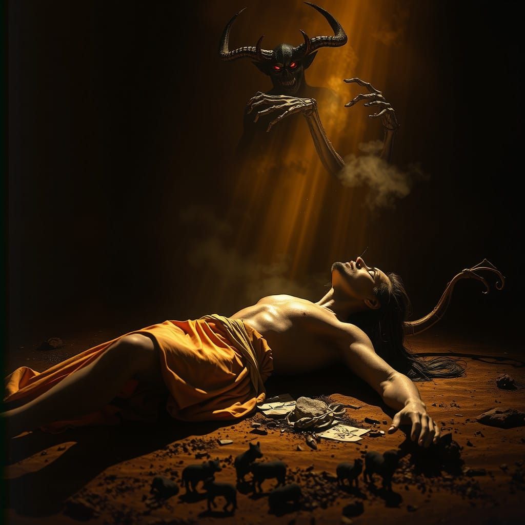 Jesus' Spirit Ascends Amidst Dark, Muted Earth Tones in a Ha...