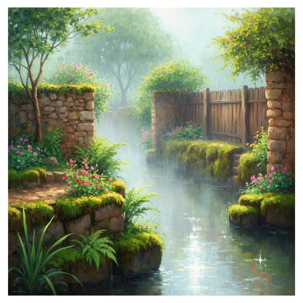 Impressionistic Garden Scene with Lush Greenery