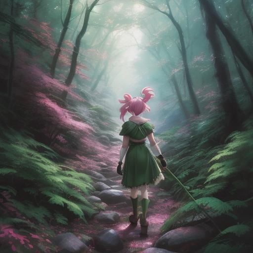 Anime Girl in Enchanted Forest, Oil Painted Airbrush Style