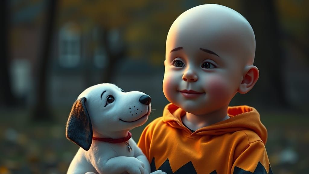Bald Man in Charlie Brown Costume with Snoopy Puppy