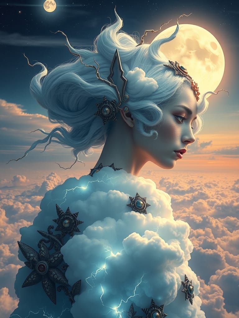 Sentient Cloud Woman in Avant-Garde Attire