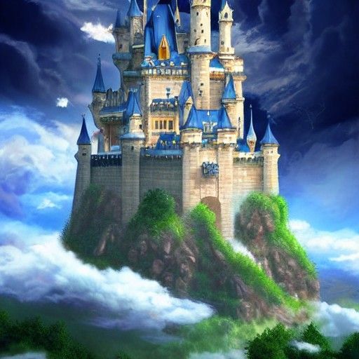 Fantasy Stone Castle on Clouds in Anime Style