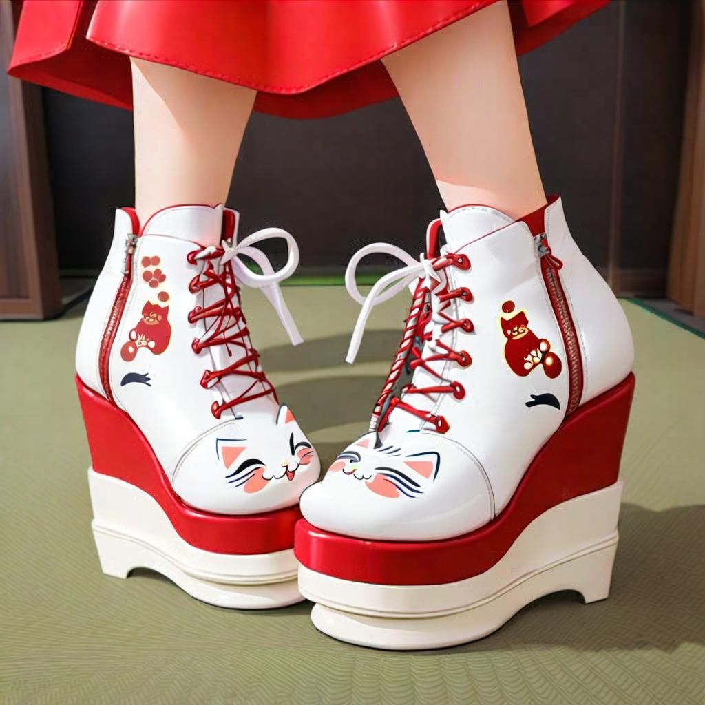 a pair of Women's round toe platform ankle boots 15.24cm wedge heels red silk ribbon lace up front side zip white PU lea...