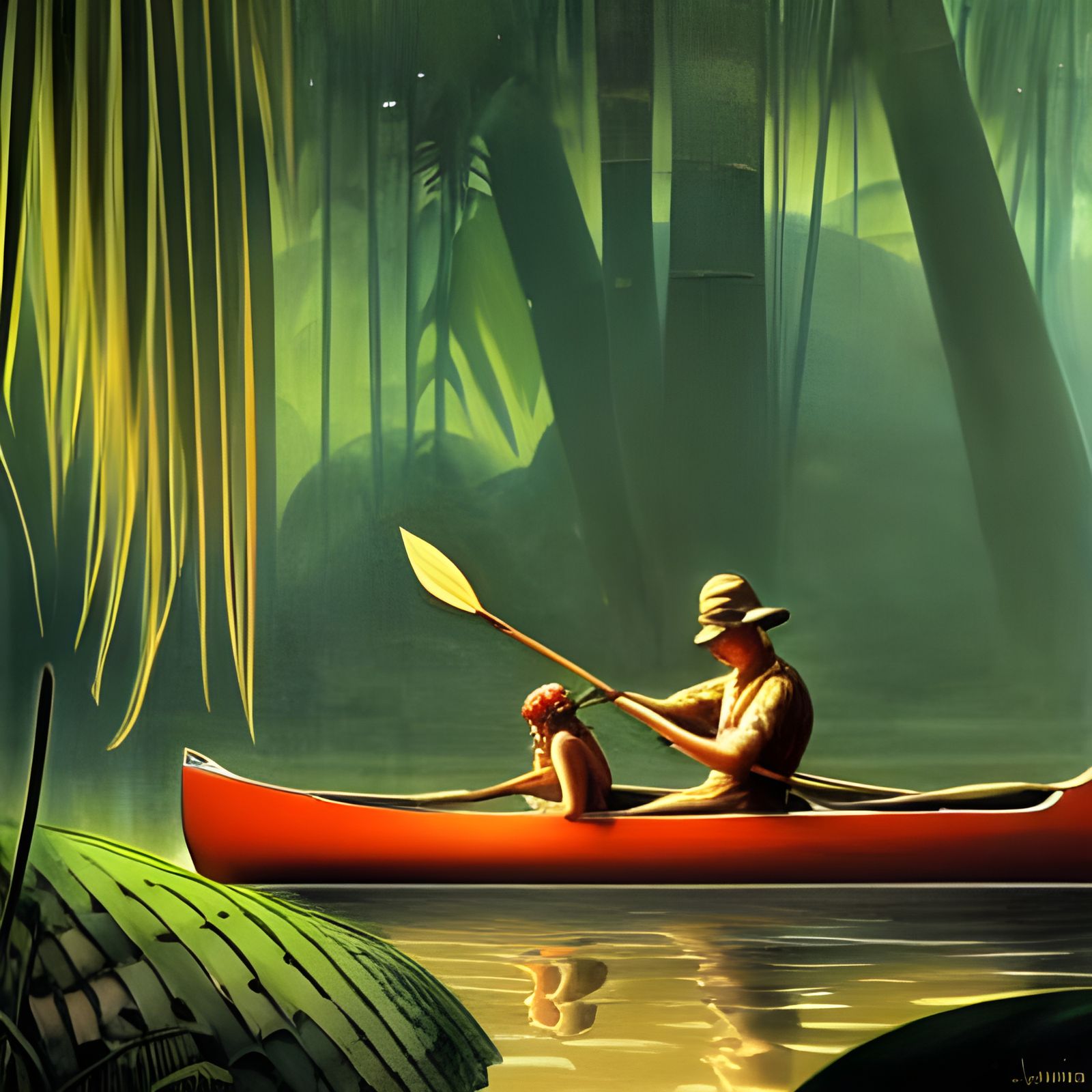 Jungle Explorer in Canoe: Painterly Adventure