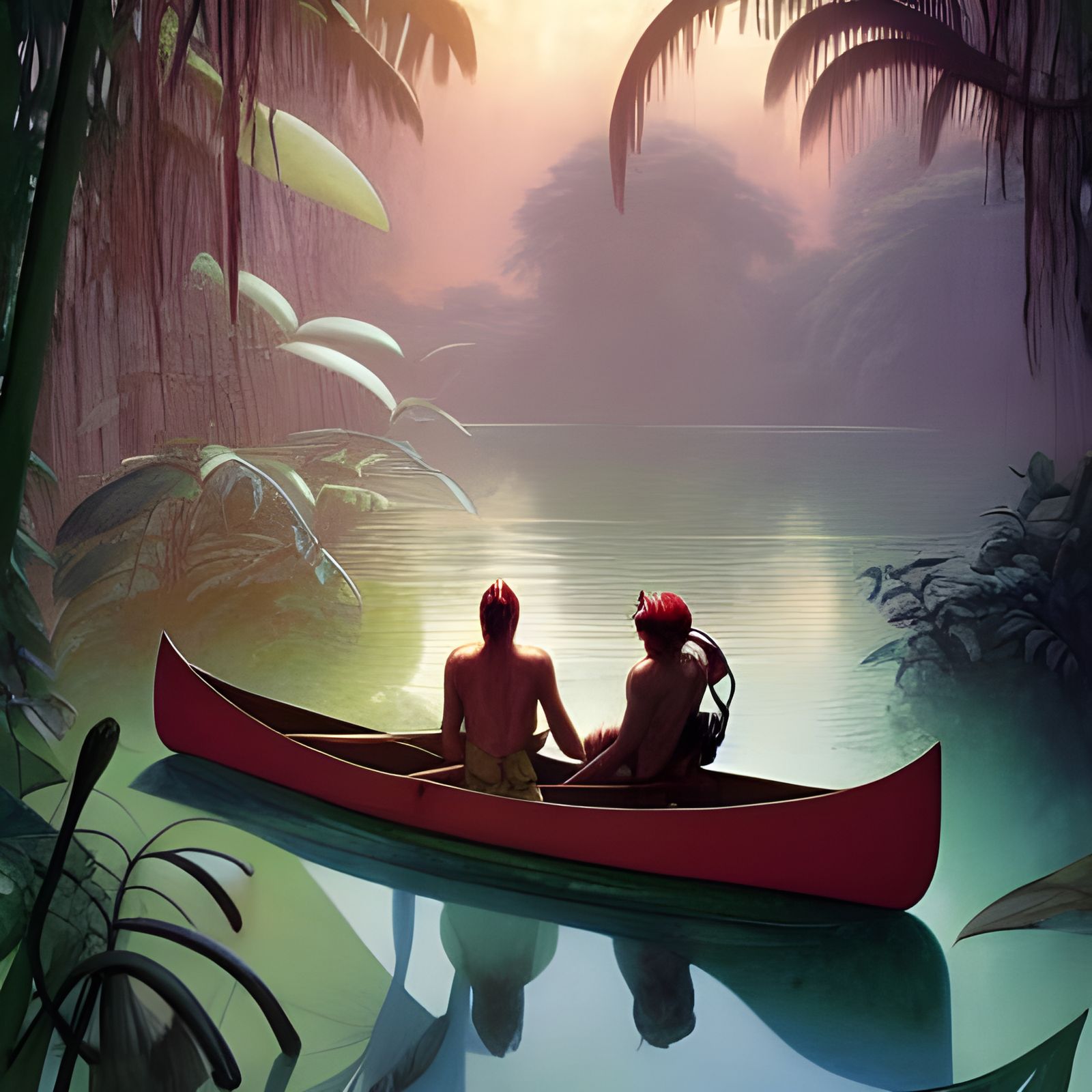 Jungle Explorer in Canoe, Vintage Art Style