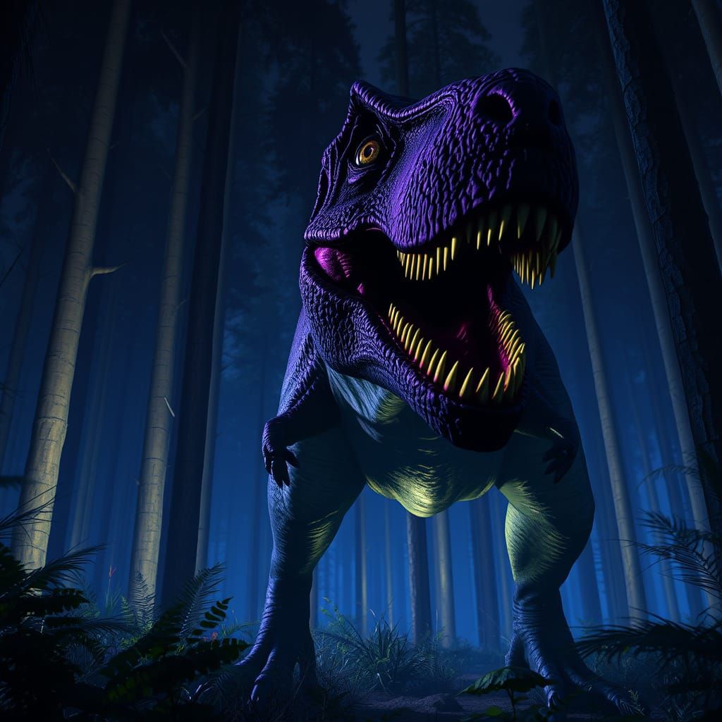 Menacing T-Rex in Dark Fantasy Forest, Hyperdetailed