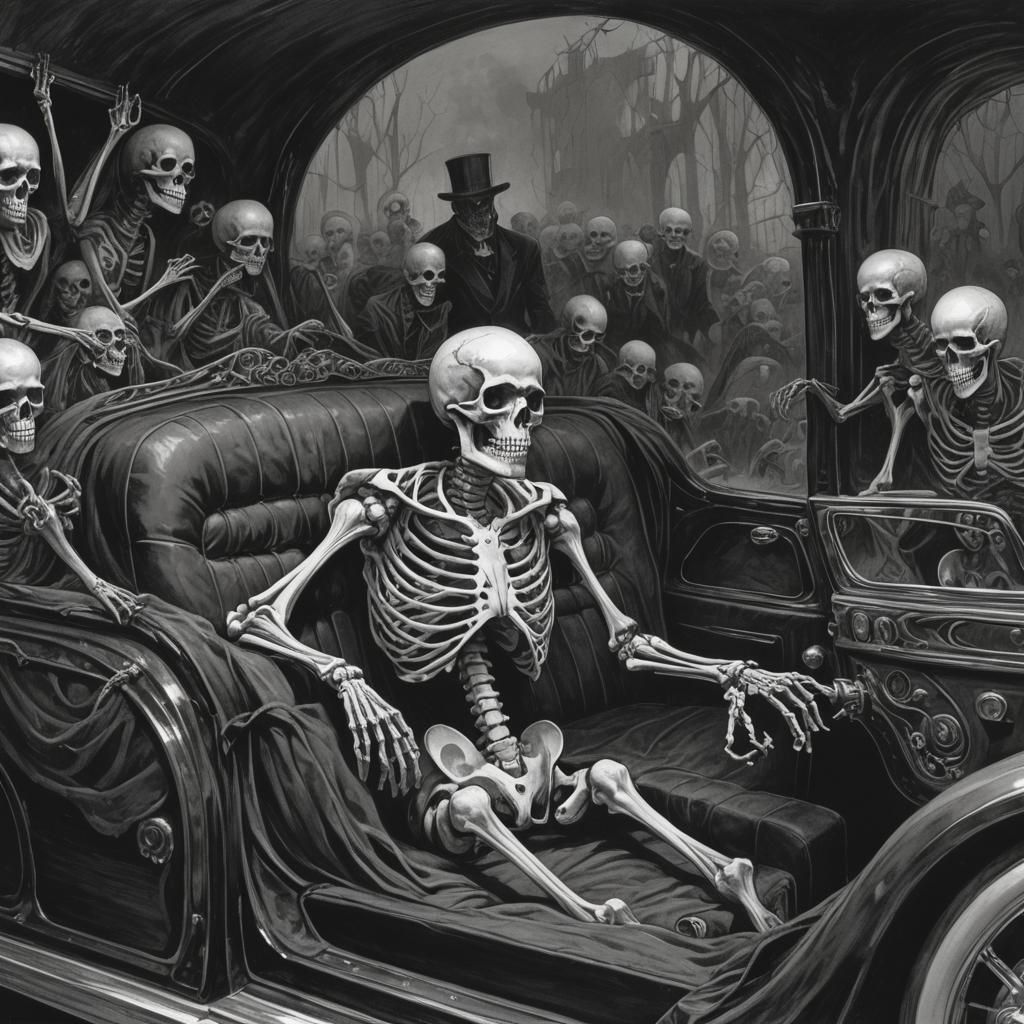 Skeleton Driver in a Limo: Horror Art