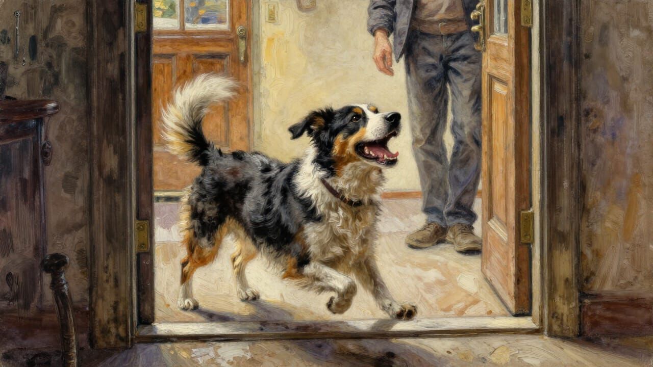 Joyful Dog Greets Owner in Warm Evening Light