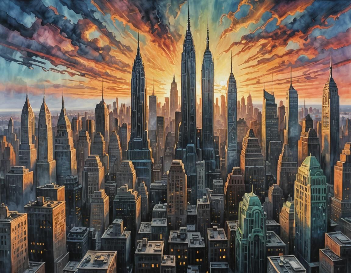 New York City Sunset in Gouache Style