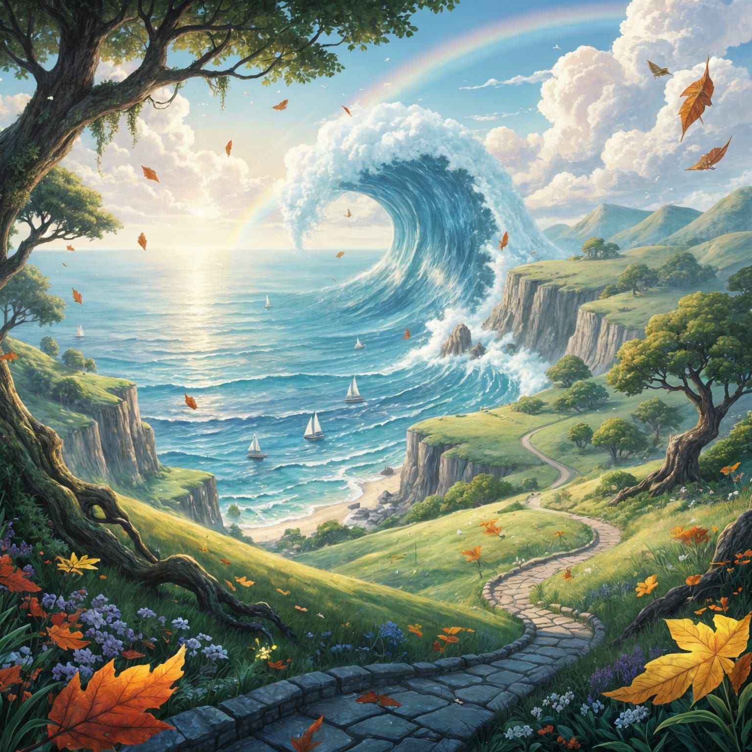 Ocean Cliffs with Sailboats in Ghibli Style