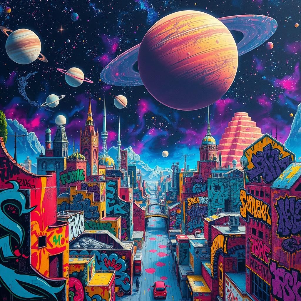 Alien Metropolis with Graffiti Art in Vibrant Colors