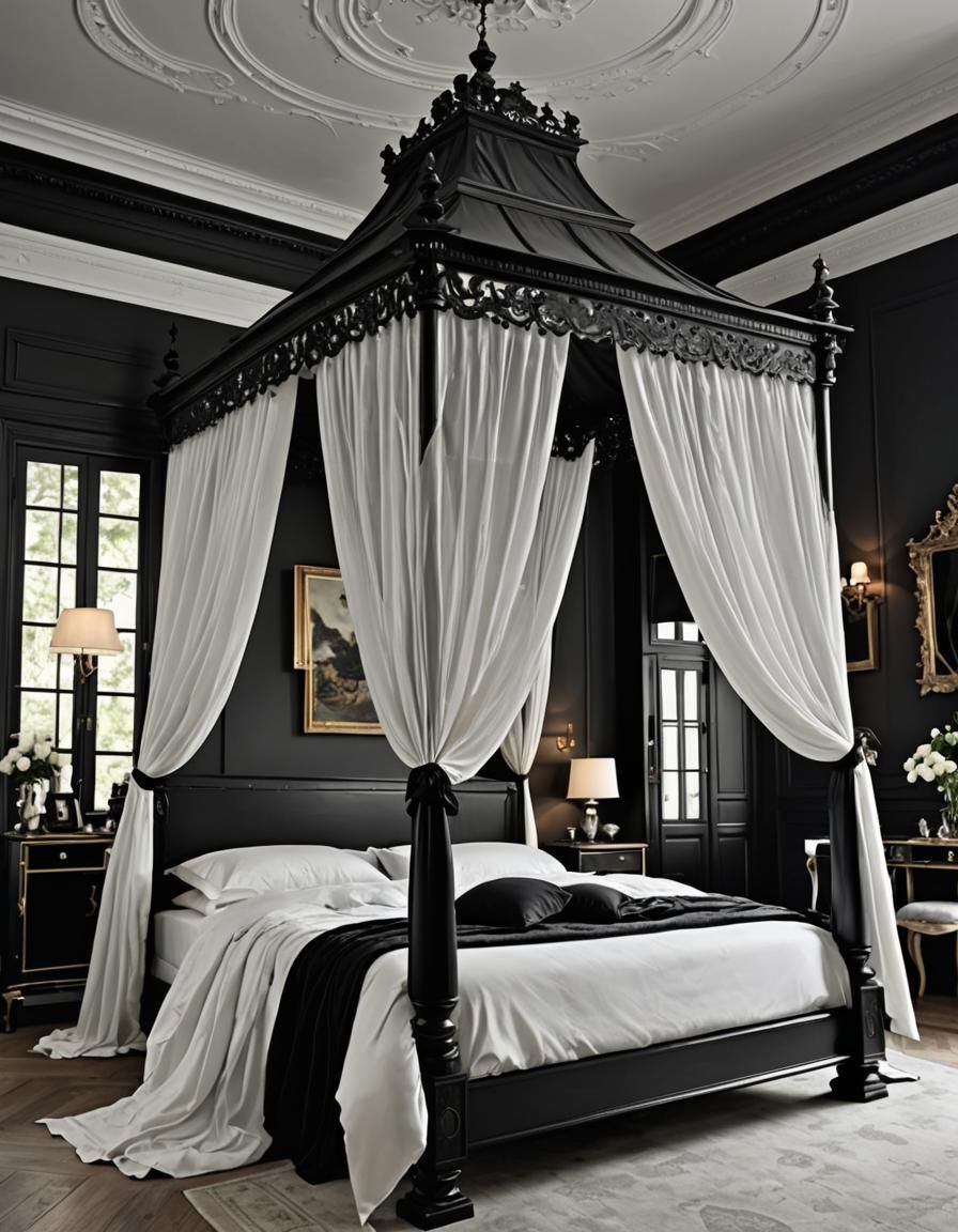 Enchanting Black and White Bedroom with Four-Poster Bed