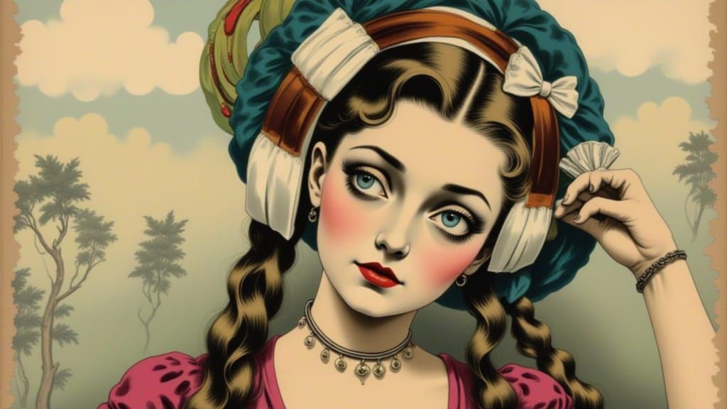 Woman's Side-Eye Gaze in Art Nouveau Style