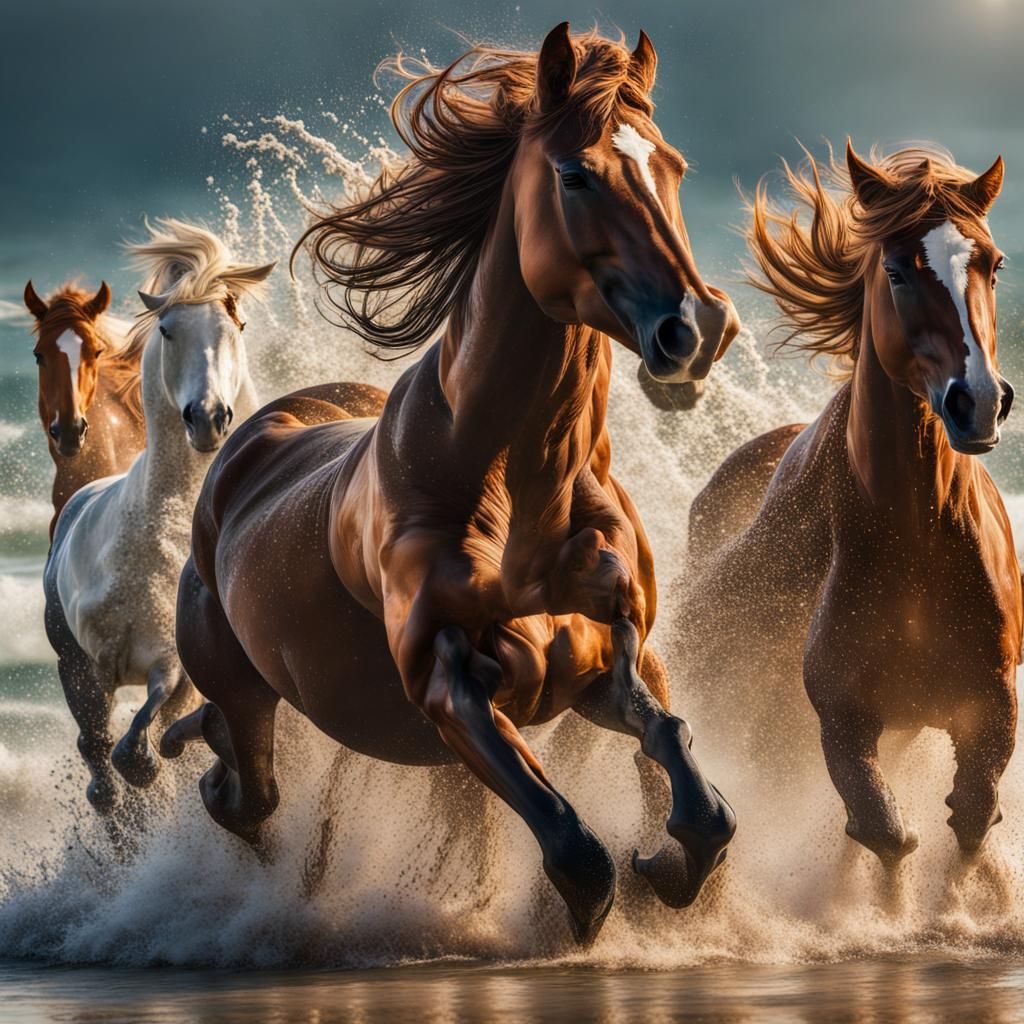 Wild Horses Stampede in Hyperrealistic Oceanside Photo