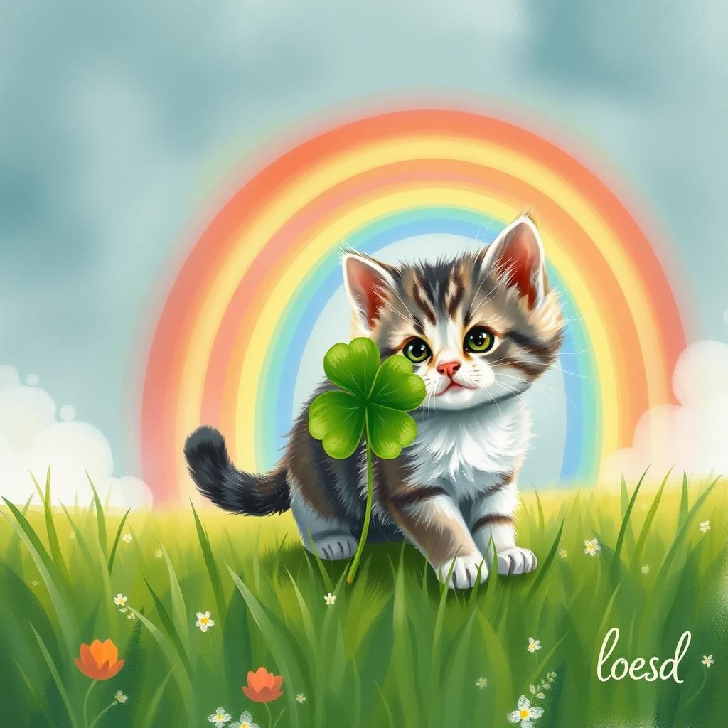 A lucky four leaves under a double rainbow kitten playing in...