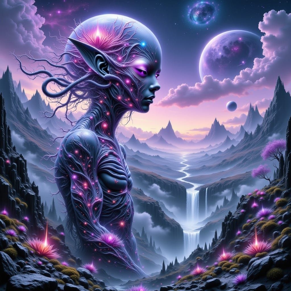 Cybernetic Alien in a Dreamlike, Iridescent Landscape