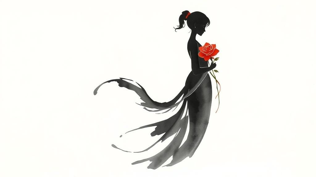 Elegant Woman Silhouette in Japanese Ink Art