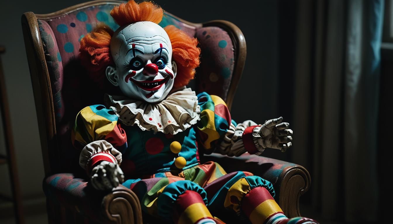 Eerie Vintage Clown Doll in Dark Academia Horror Style