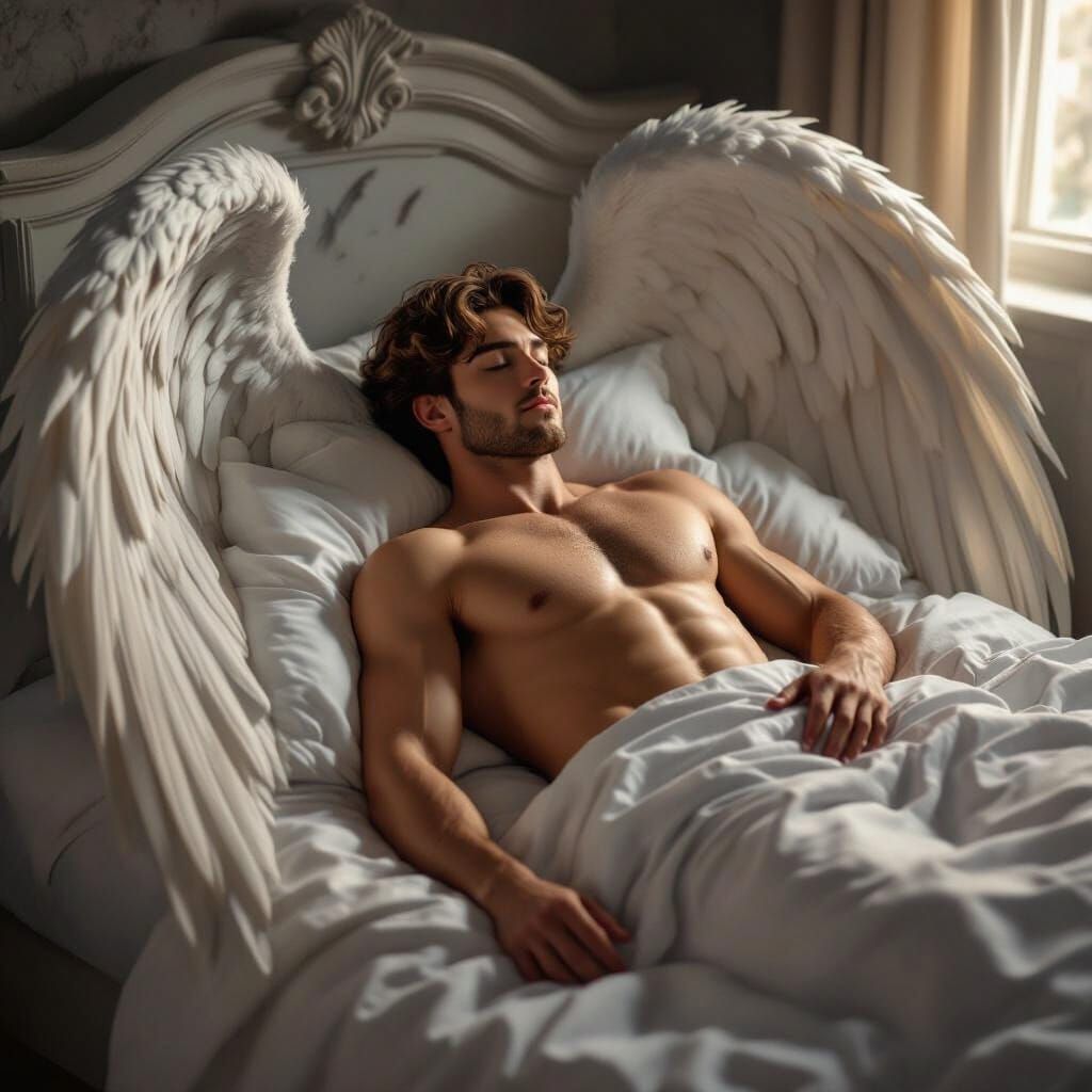 Hyper-Realistic Angel Sleeping in Moonlit Bedroom