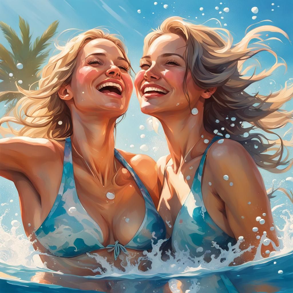 Two Women Playfully Splashing in the Ocean