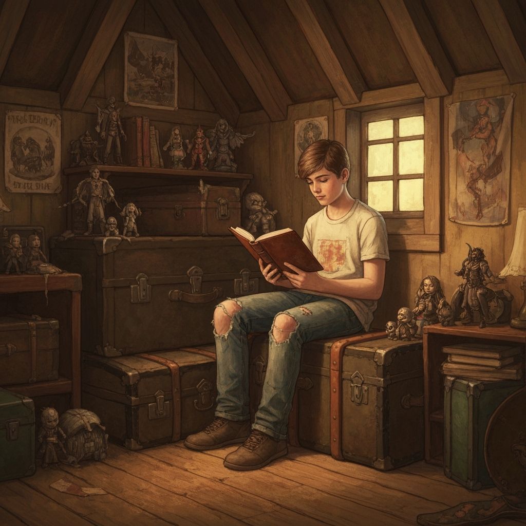 Boy Reads Book in Nostalgic Fantasy Attic
